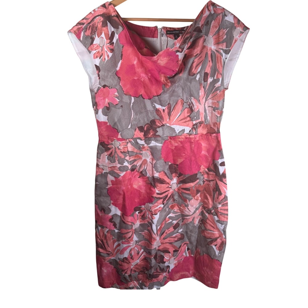 Banana Republic Mad Men Sheath‎ Dress Womens 14 Pink Floral Linen Blend Retro